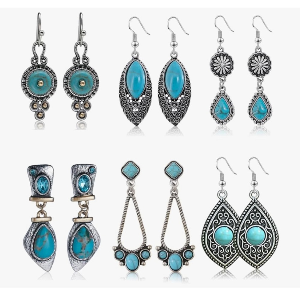 6 Pairs Vintage Turquoise Earrings Set Women's Bohemian Style